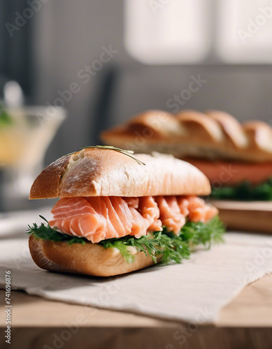 salmon sandwich on baguette bread served on wooden board, white decorative background 