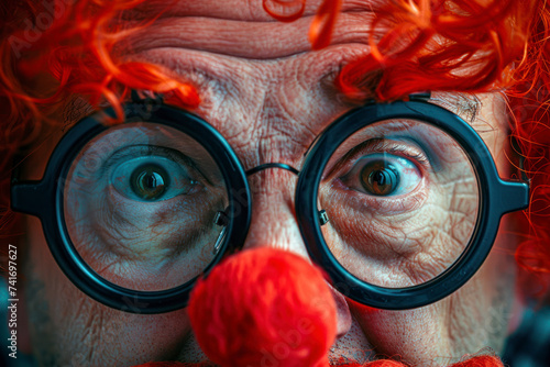 A red wig, a pair of fake black glasses with eyebrows, a nose and a mustache, april fools cpncept.