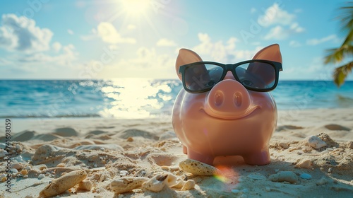 A pink piggy bank with glasses in the foreground, while in the background appears a blurred image of a tropical beach. Visual composition of dream trip and vacation financial aspirations.