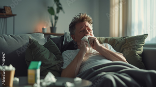 man lying on a couch, blowing his nose with a tissue, appearing to be ill