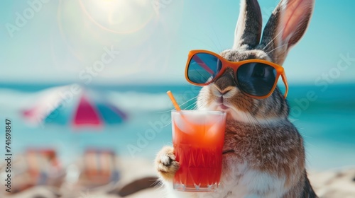 Cool Easter bunny with a cocktail on the beach.