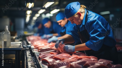 Butcher in blue uniform cutting fresh meat on conveyor belt in factory