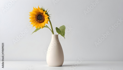 Sunflower in a vase on a white background with space for text. Generative AI