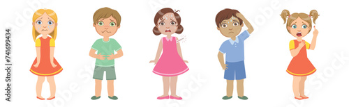 Sick Children Feel Unwell and Suffer from Illness Vector Set