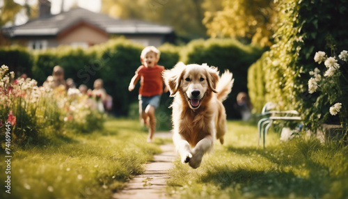 children are chasing the Happy golden retriever running in the garden of the house