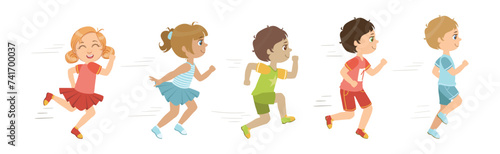 Kids Running Marathon Participate in Sport Competition Vector Set