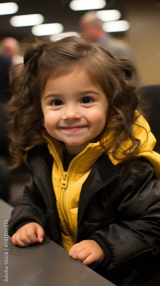 A young girl sitting at a table with a joyful expression A young girl sitting at a table with a joyful expression