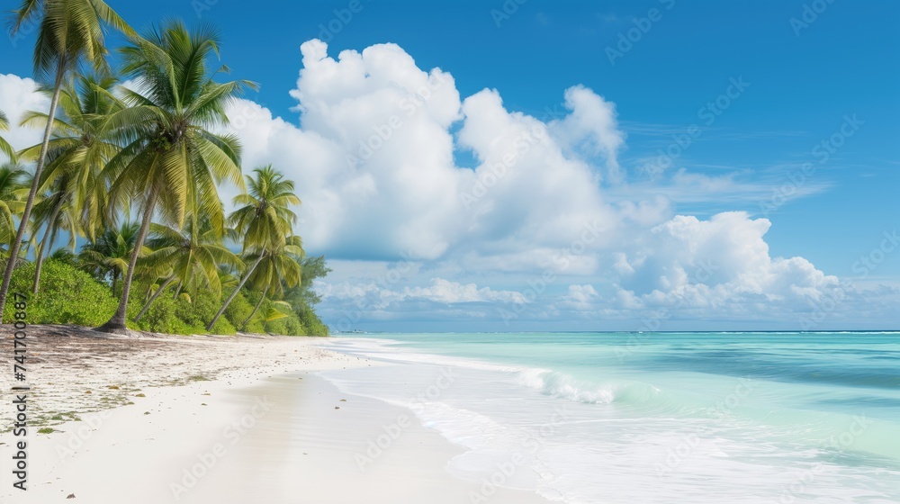 Tropical beach by the sea with palm trees and blue sky