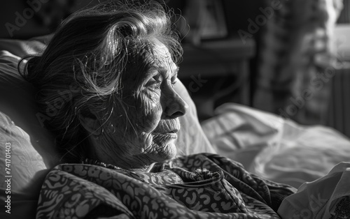 Black and white photo of elderly woman alone at home