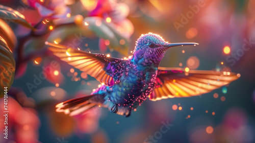 Magic glowing glittering multi-colored hummingbird in flight