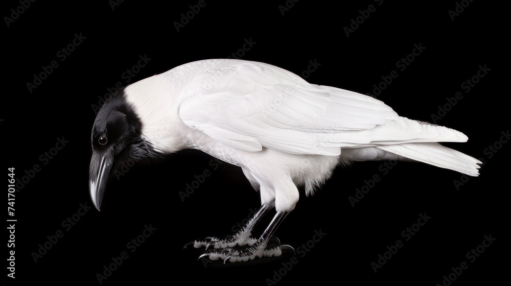Fototapeta premium White crow isolated on black background, symbol of individuality