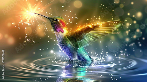 Magic glowing glittering multi-colored hummingbird splashing in water photo