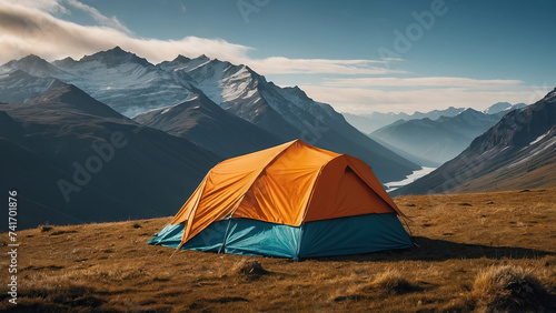 Beautiful early morning camping view. Dolomites sunrise landscape with an orange trekking tent