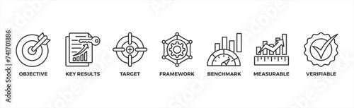 OKR banner web icon vector illustration concept for objectives and key results with icon of objective, key results, target, framework, benchmark, measurable, and verifiable