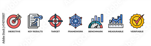 OKR banner web icon vector illustration concept for objectives and key results with icon of objective, key results, target, framework, benchmark, measurable, and verifiable