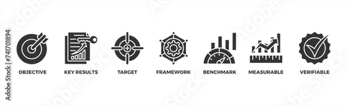 OKR banner web icon vector illustration concept for objectives and key results with icon of objective, key results, target, framework, benchmark, measurable, and verifiable