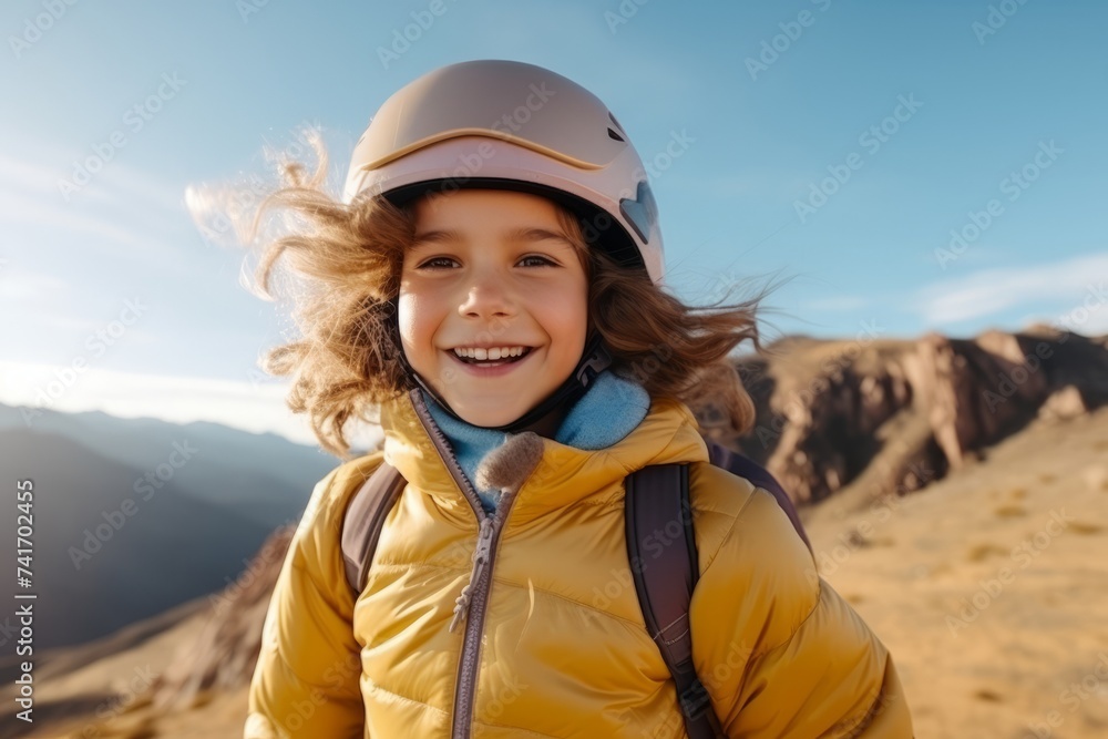 Portrait of a beautiful little girl in a helmet on a background of mountains Portrait of a beautiful little girl in a helmet on a background of mountains