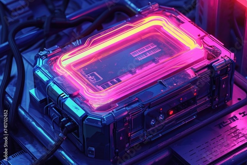 A detailed view of a black computer case placed on a table, Illustrate a cyberpunk version of a NAS device, AI Generated photo