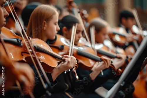 A diverse group of musicians passionately playing the violin on stage during a lively music concert, Illustrate synchronization in cloud storage as a perfectly harmonized orchestra, AI Generated