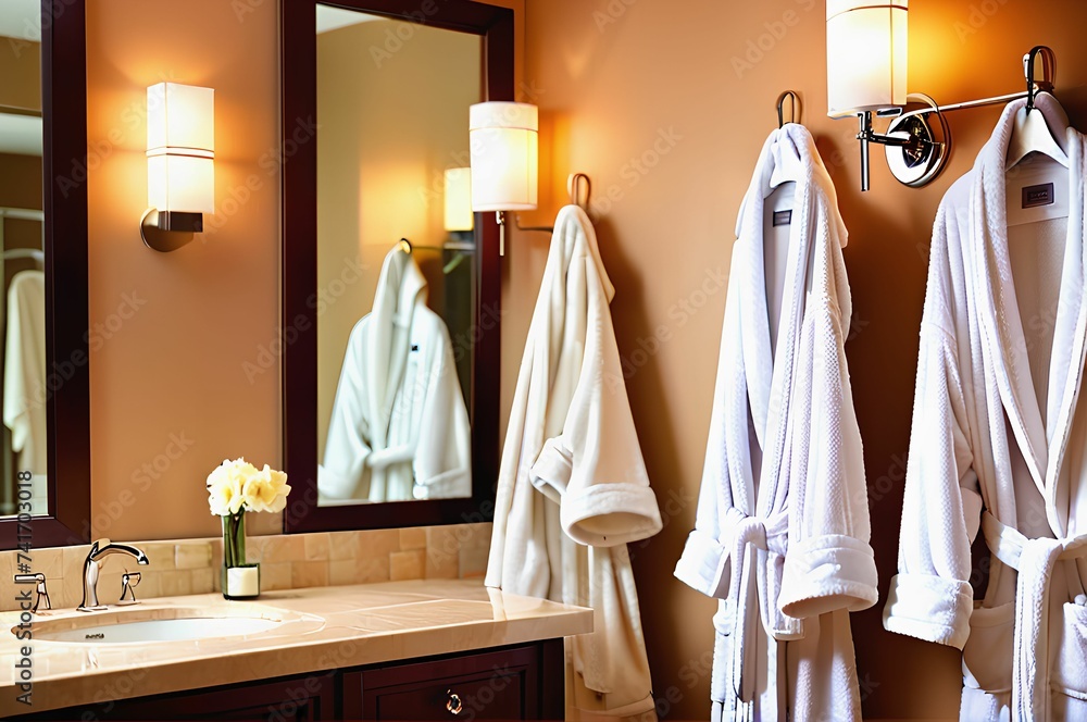 Different bathrobes hanging in the bathroom. - obrazy, fototapety, plakaty 