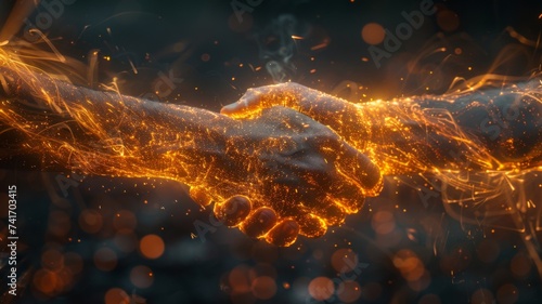 Business excitement energy dynamic lines and sparks around a deal handshake photo