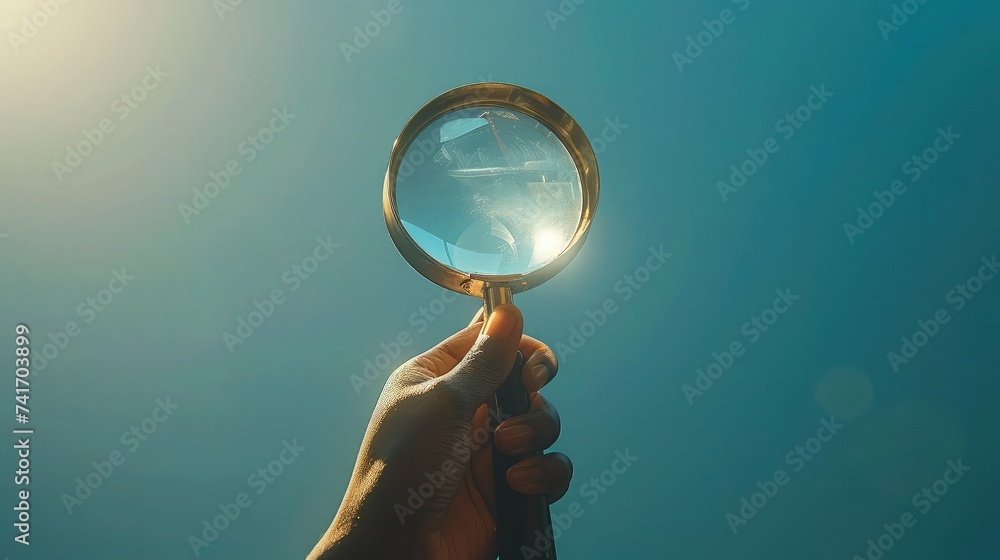 Unveil the Unknown: Hand Holding Magnifying Glass on Serene Blue Background. Unveil the Unknown: Hand Holding Magnifying Glass on Serene Blue Background.