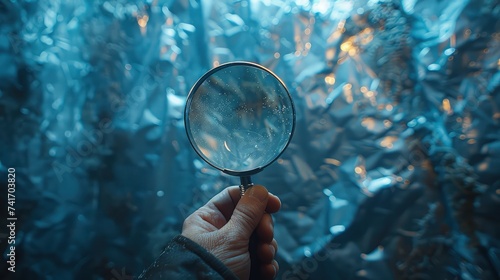 Enigmatic Exploration: Hand Holding Magnifying Glass on Serene Blue Background.