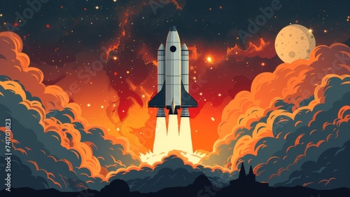 Exciting product launch rocket ship blasting off with a new product logo photo