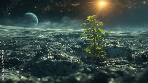 Forestation on the moon turning desolation into a thriving green world photo