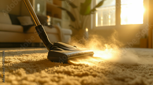 A vacuum's hum fills the air as a cleaner swiftly navigates through rooms, banishing dirt and allergens for a healthier home photo