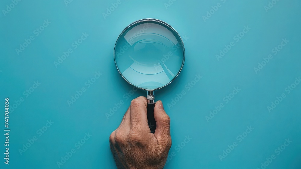 Exploring Curiosity: Hand Holding Magnifying Glass on Soft Blue Background. Exploring Curiosity: Hand Holding Magnifying Glass on Soft Blue Background.
