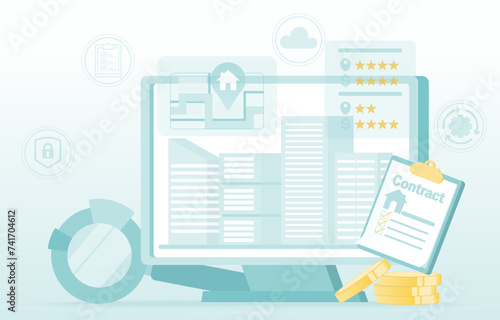 Property investment, real estate, or mortgage concept. Searching house or apartment purchase, rental, contract document, comparing from online platforms. Flat vector design illustration.