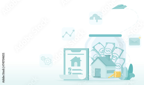 Saving money to buy a house. Financial deposit, investment, asset growth, planning, checklist, policy list, earning income to achieve own a home. Flat vector design illustration with copy space.