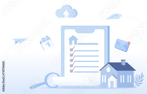 Mortgage or rental contract concept. Housing contract checklist, insurance, legal document, investment property. Flat vector design illustration.