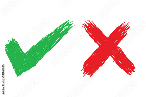 Hand drawn arrows. Vector illustration. green check mark and red cross mark isolated on white background.