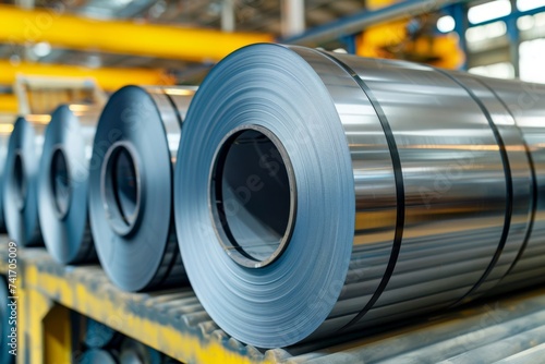 Galvanized steel rolls in a metallurgical factory, selective focus
