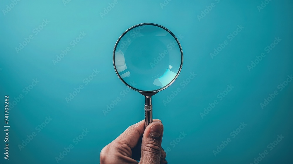 Discovering Hidden Wonders: Hand Holding Magnifying Glass on Blue Background. Discovering Hidden Wonders: Hand Holding Magnifying Glass on Blue Background.