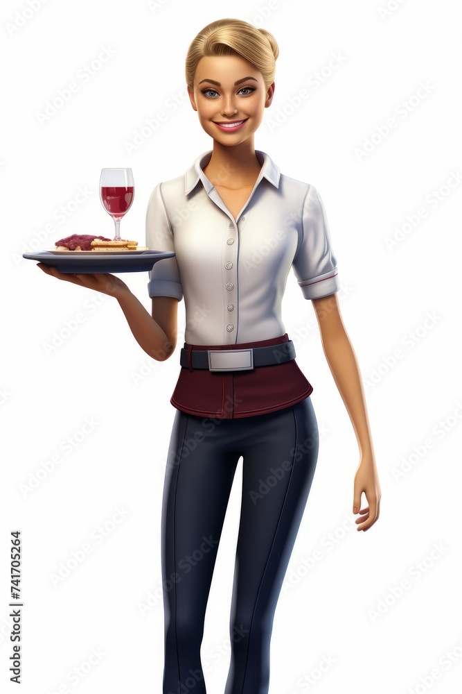 Waitress with a tray of food and wine