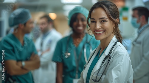 Portrait of friendly middle aged female doctor in workwear with stethoscope, posing with folded arms in clinic interior, looking and smiling at camera. Teamwork of multiracial professional surgeons