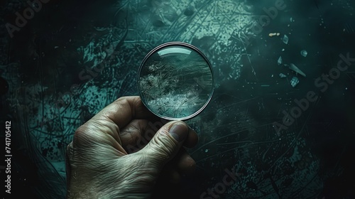 Aged Hand Holding Magnifying Glass Against Dark Background.