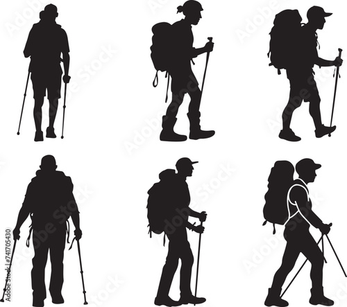 Mountaineer climber hiker people, vector silhouette collection