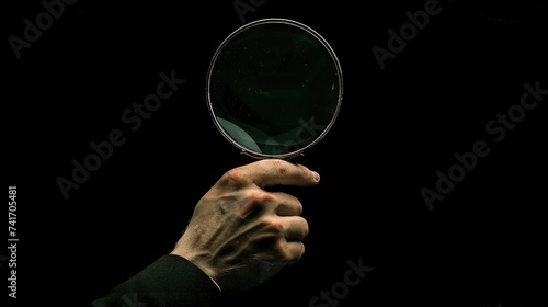 Old Hand with Magnifying Glass on Mysterious Black Background.