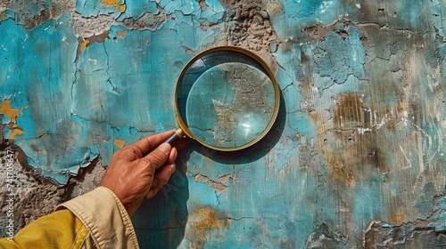 Hand Holding Magnifying Glass Investigating Peeling Wall.