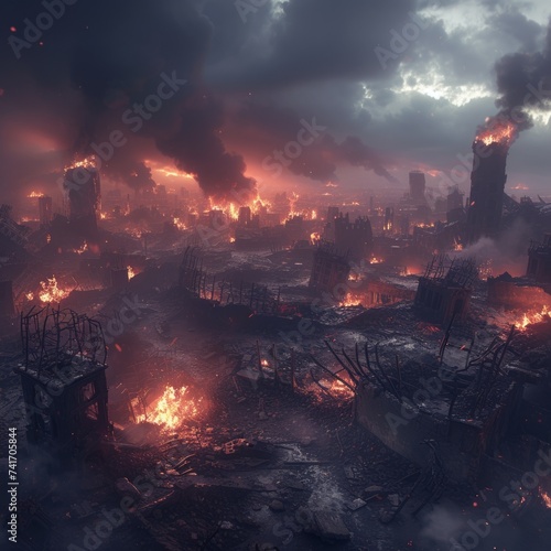 A post-apocalyptic city in ruins after a devastating war
