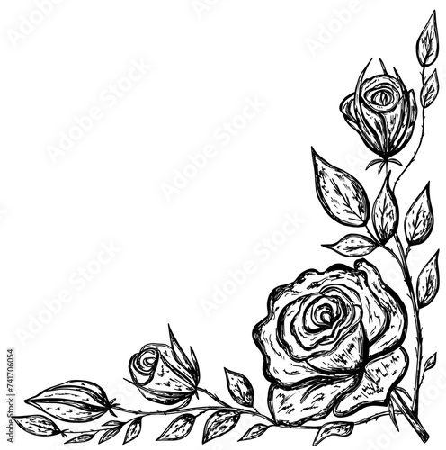 Vintage corner frame with rose flower in hand drawn sketch style