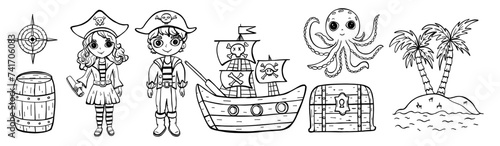 Set of girl and boy pirate pirate with ship and treasure. Vector outline illustration