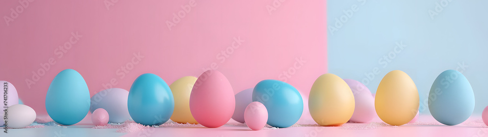 Row of Pastel Colored Eggs on Pink and Blue Background