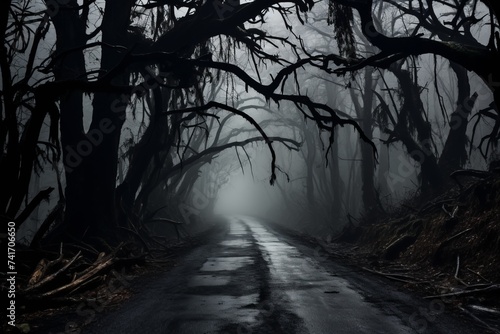 Road through a dark and foggy forest