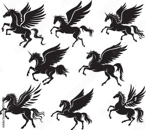 A silhouette of a mythical creature of pegasus on a white background