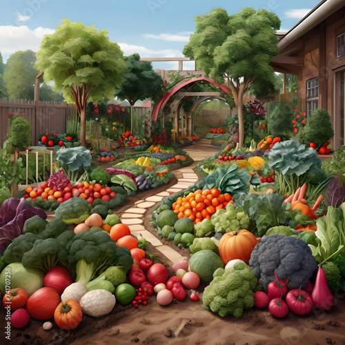 Hyper realistic vegetable garden design with beautiful colorful fruits and vegetables background 